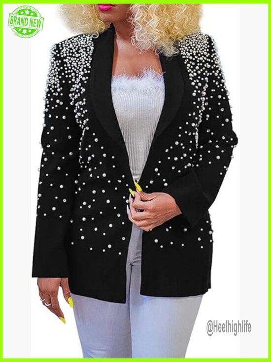 Jackets & Blazers - Long Sleeve Lapel Pearls Rhinestones Blazer Jacket for Nightclub Party